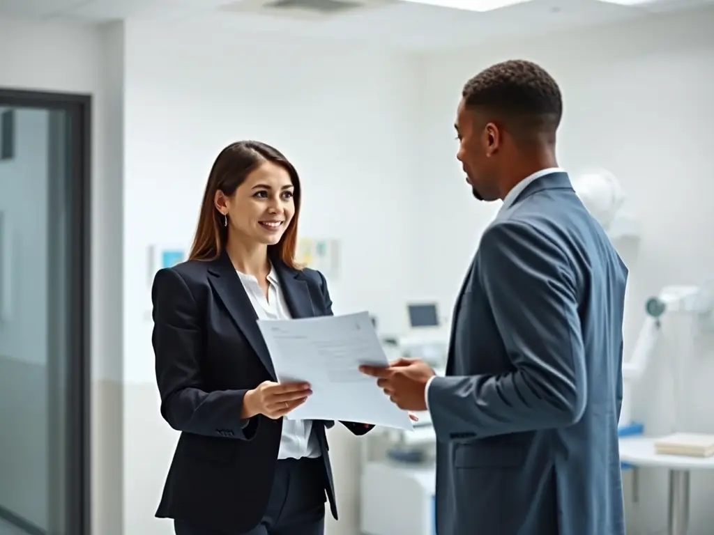 A consultant advising a healthcare professional on licensing requirements, showcasing Global Seed Consultancy's specialized healthcare consultancy services.