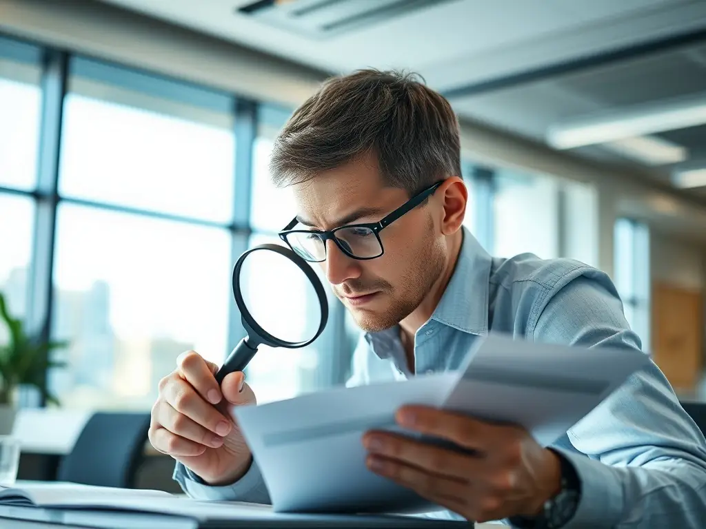 An auditor meticulously reviewing financial statements, representing Global Seed Consultancy's commitment to audit and compliance services.