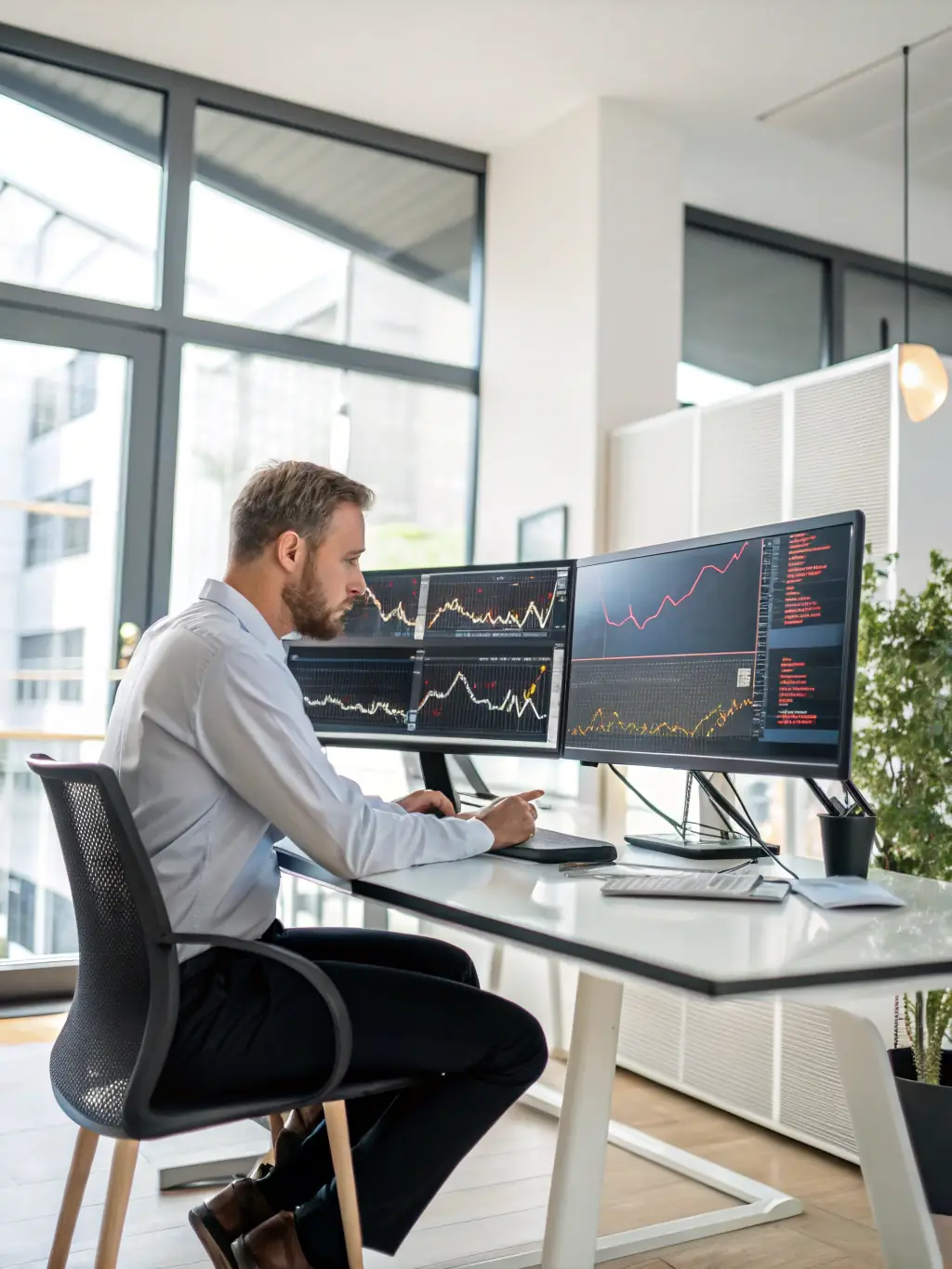 A consultant deeply analyzing financial data and market trends on a computer screen, showcasing the meticulous research involved in Global Seed Consultancy's feasibility studies.
