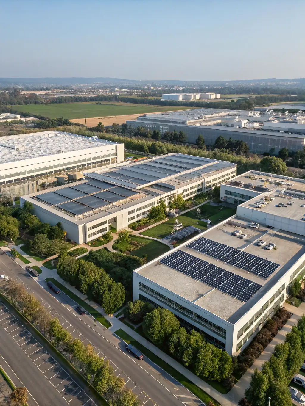A modern, sustainable manufacturing plant with solar panels, illustrating manufacturing and energy feasibility.