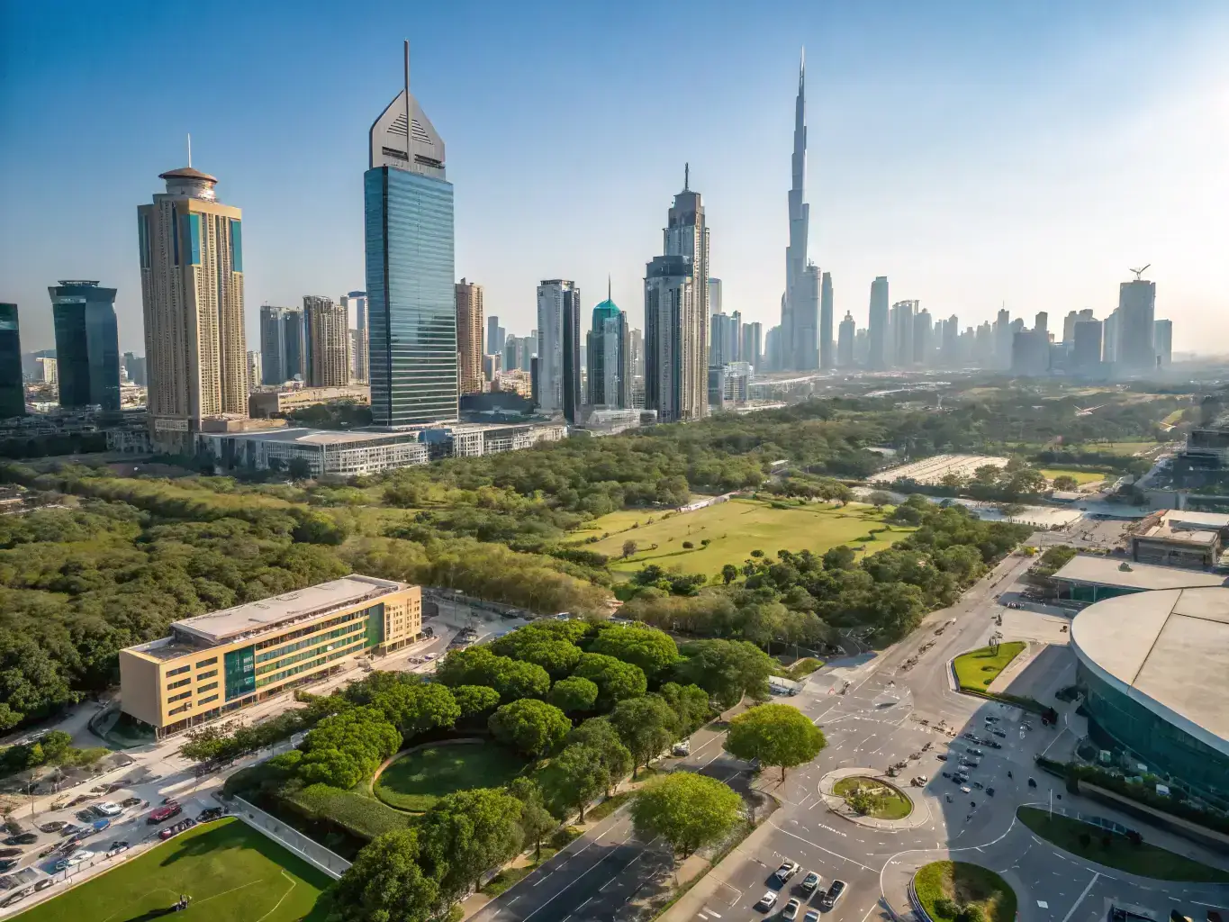 A modern cityscape of Dubai with iconic skyscrapers and bustling business districts, symbolizing the city's economic vibrancy and opportunities for business growth.