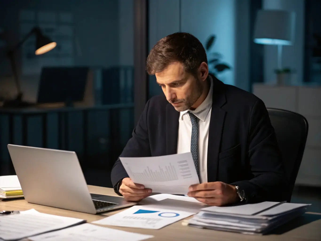 A professional auditor reviewing financial documents in an office setting, symbolizing the meticulous audit services provided for JAFZA companies.