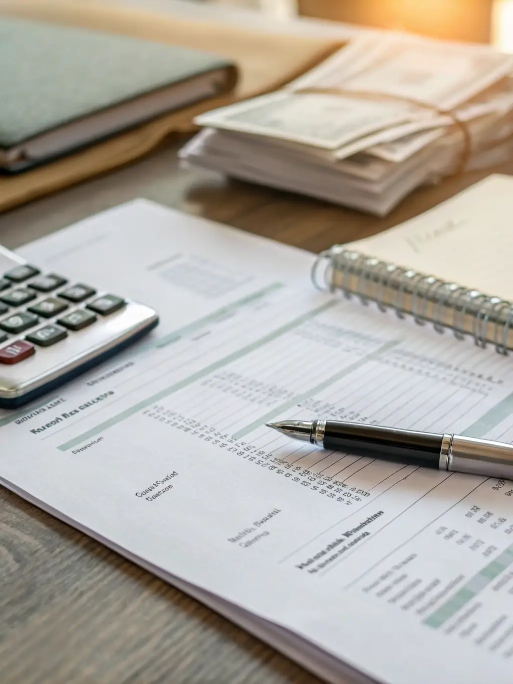 A stack of documents representing tax savings, with a calculator and a UAE flag in the background, emphasizing the financial benefits of free zone companies.