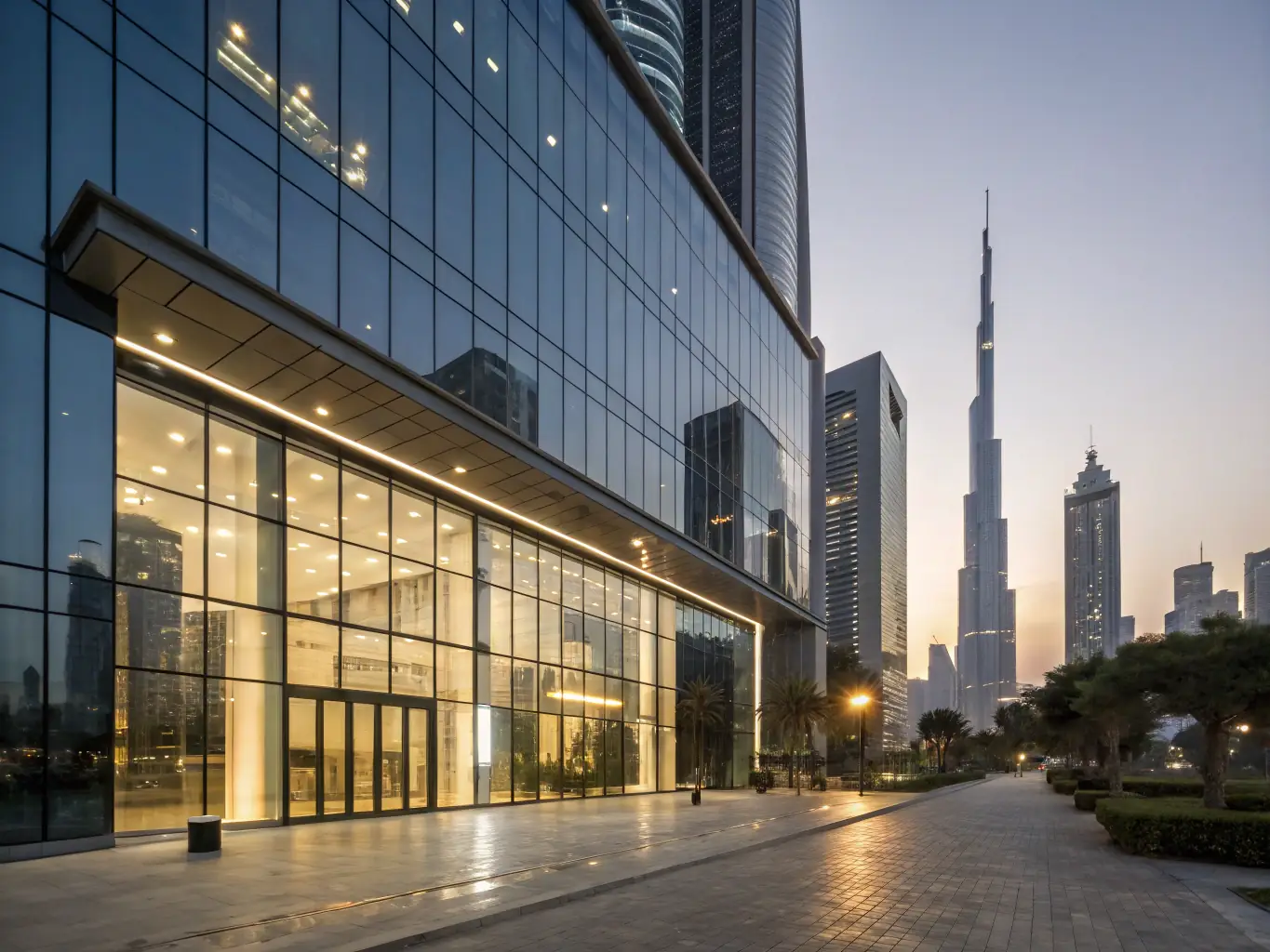 A modern office building in DMCC, representing the audit and renewal services offered to companies operating within the DMCC free zone.