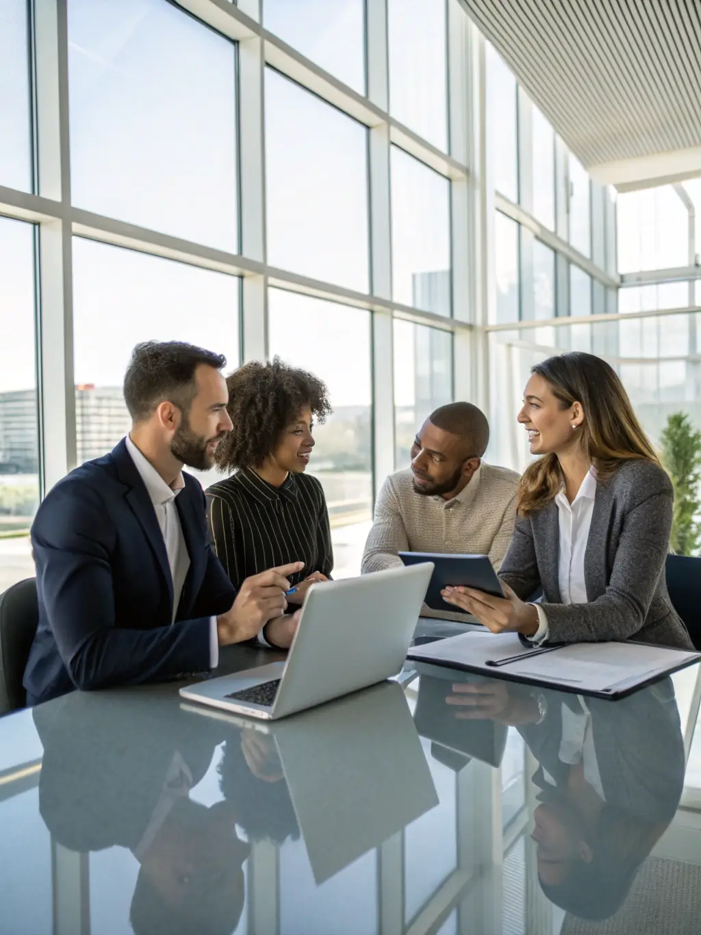 A diverse group of business professionals collaborating and strategizing in a modern office, representing Global Seed Consultancy's comprehensive service offerings.